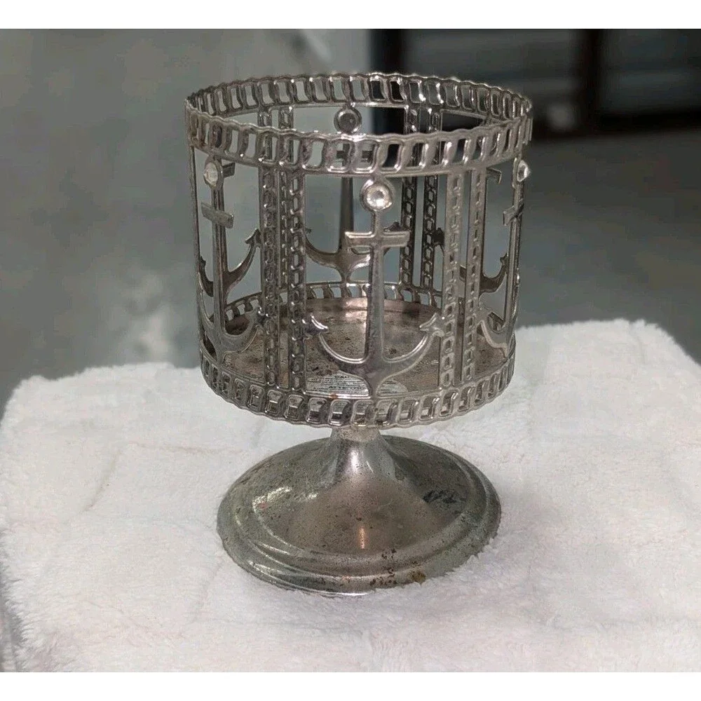 Bath & Body Works Silver 3-Wick Candle Holder Nautical Anchor Pedestal Coastal - Picture 2 of 5